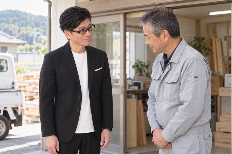 工務店の入口で社長とあいさつする高橋