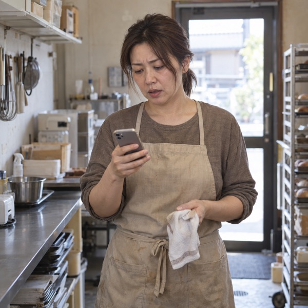 仕事の合間にスマホで問い合わせに返信するお店の経営者