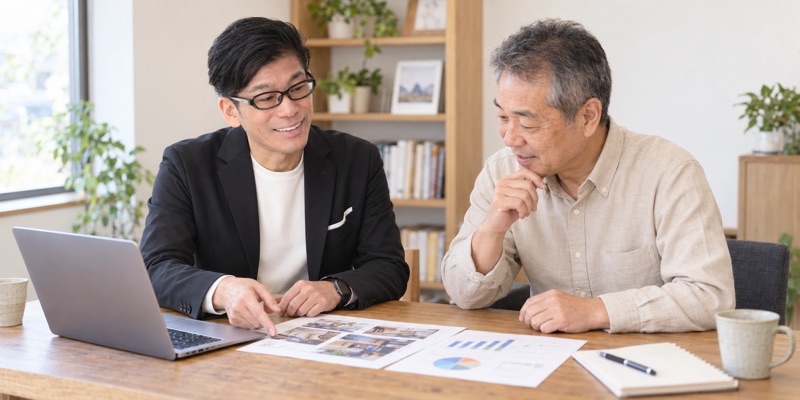 高橋が社長の横で、資料を一緒に見ている場面