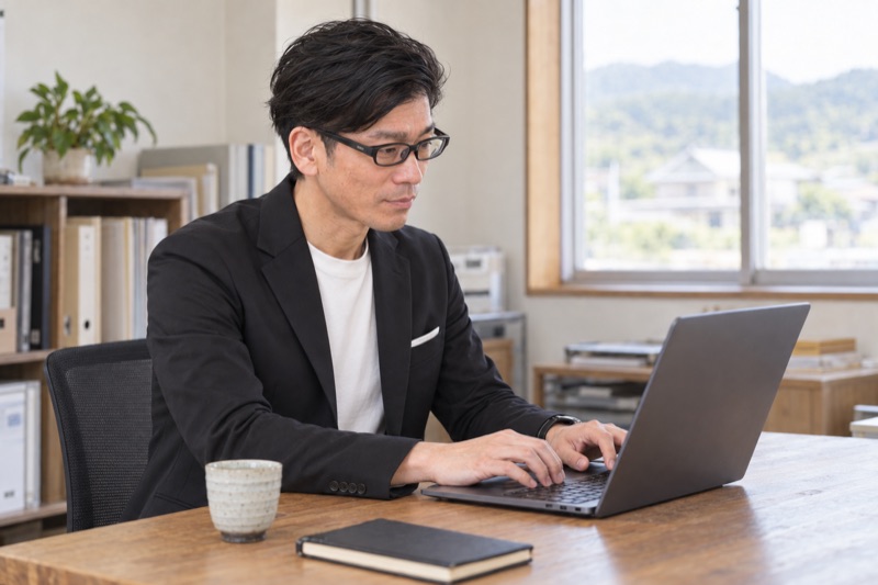 ノートPCで作業する高橋